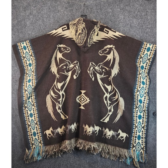 Southwestern Horse Hooded Poncho Blanket Shawl Fringe Cape Western Aztec Boho - Picture 9 of 16